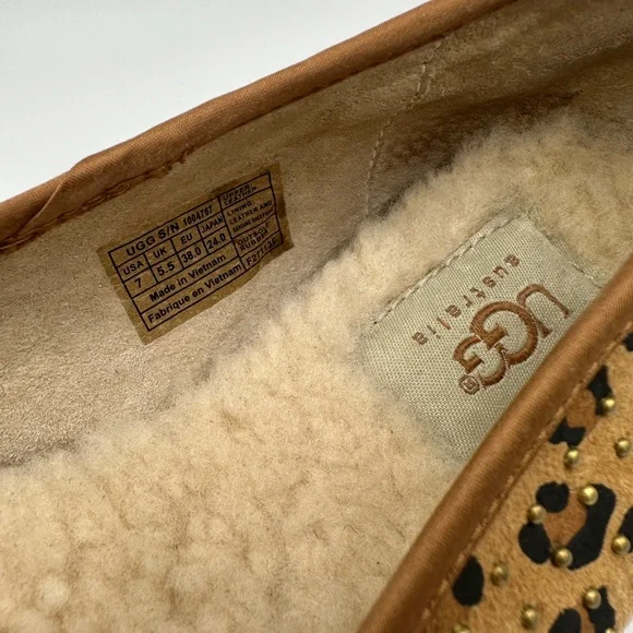 UGG Women's Leopard Print Tan Suede Slip-On Flats with Shearling - Picture 10 of 11